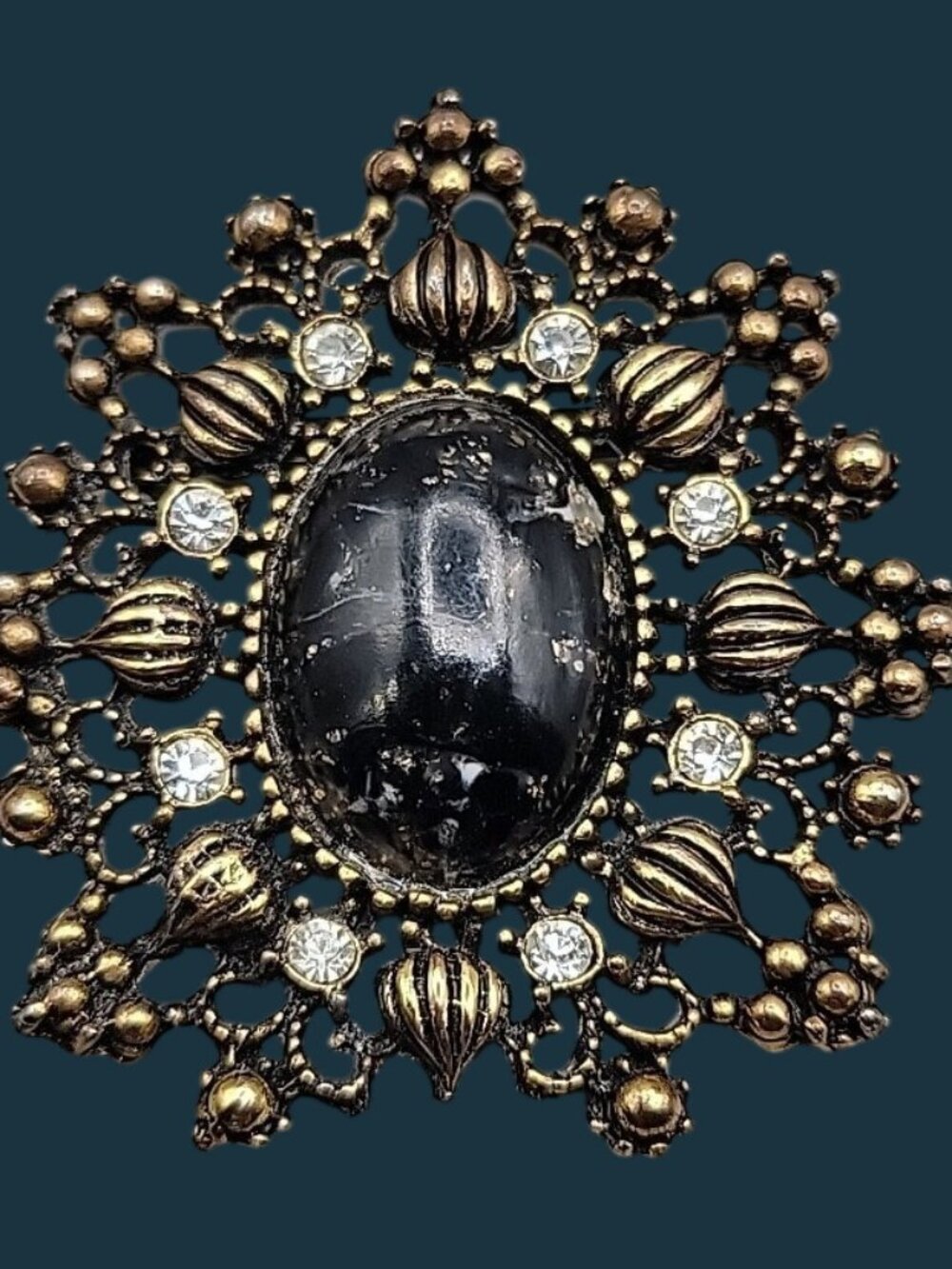 Vintage Victorian Revival Black Cabochon Starburst Brooch Pin Gold Tone Filigree